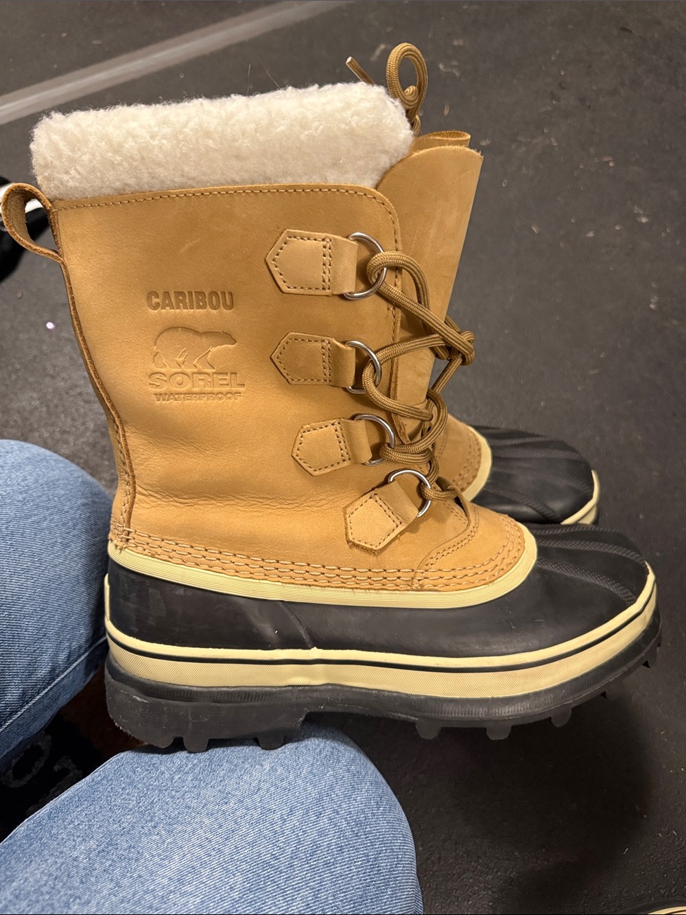 Sorel Caribou Winter Boots in Wheat, Black & Cream